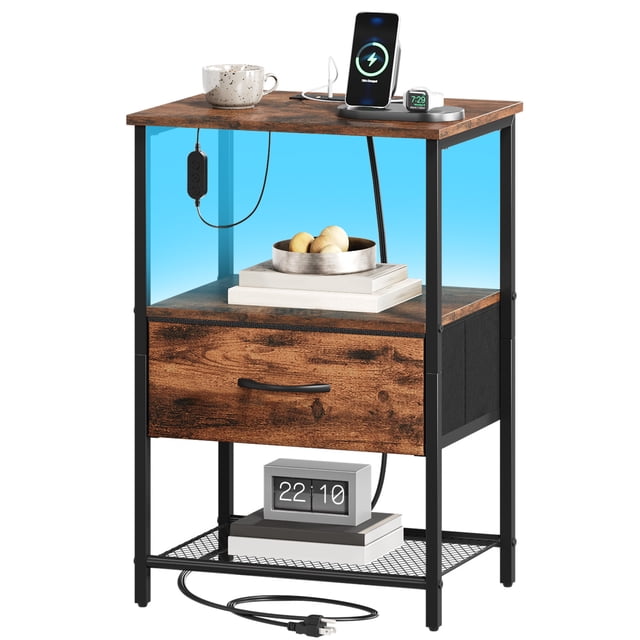 Eunos Table de Chevet avec Station de Recharge, Petite Commode avec Tiroir et Tablettes de Rangement, Fini Grain de Bois