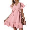 thumbnail image 1 of Pisexur Women's Midi Dress Short Sleeve V-Neck Summer Dress Drawstring Casual Ruffle A-Line Mini Dress, 1 of 6