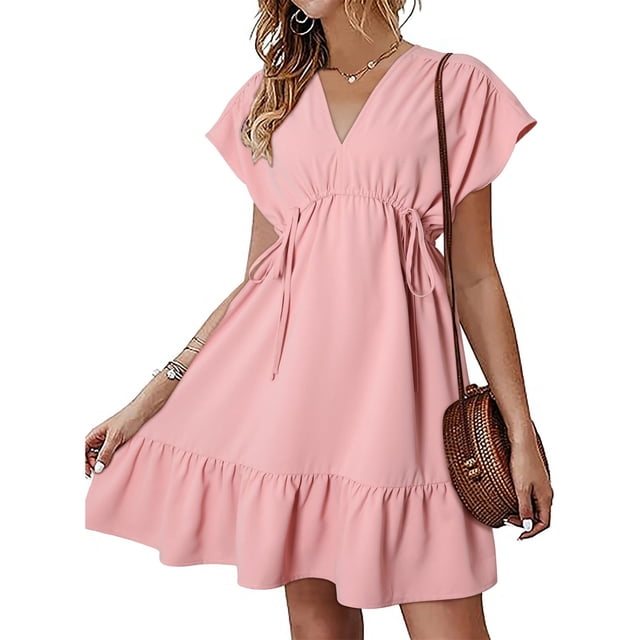 Pisexur Women's Midi Dress Short Sleeve V-Neck Summer Dress Drawstring Casual Ruffle A-Line Mini Dress