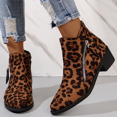 Bmisegm Leather Lace up Boots for Women Ladies Fashion Retro Leopard Pattern Suede Pointed Zipper Thick Heel Ankle Boots Boots for Women Coffee 8.5