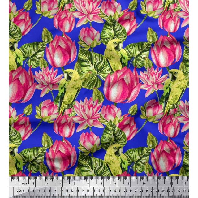 Soimoi Rayon Fabric Parrot,Leaves & Lotus Floral Decor Fabric Printed Yard 42 Inch Wide