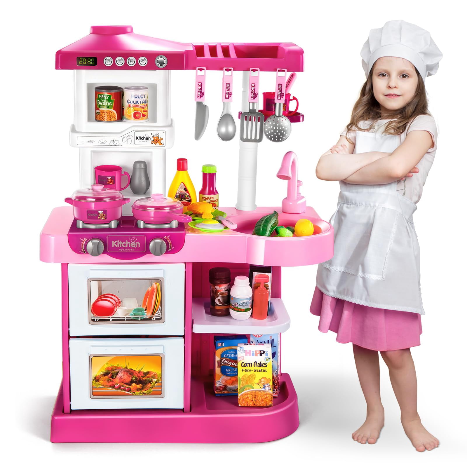 KIZONLY 53 PCS Play Kitchen Pretend Food Set for Kids Ages 3-6 4-8, Pink Kitchen Toys with Light, Sound and Spraying, Sink Toy Accessories