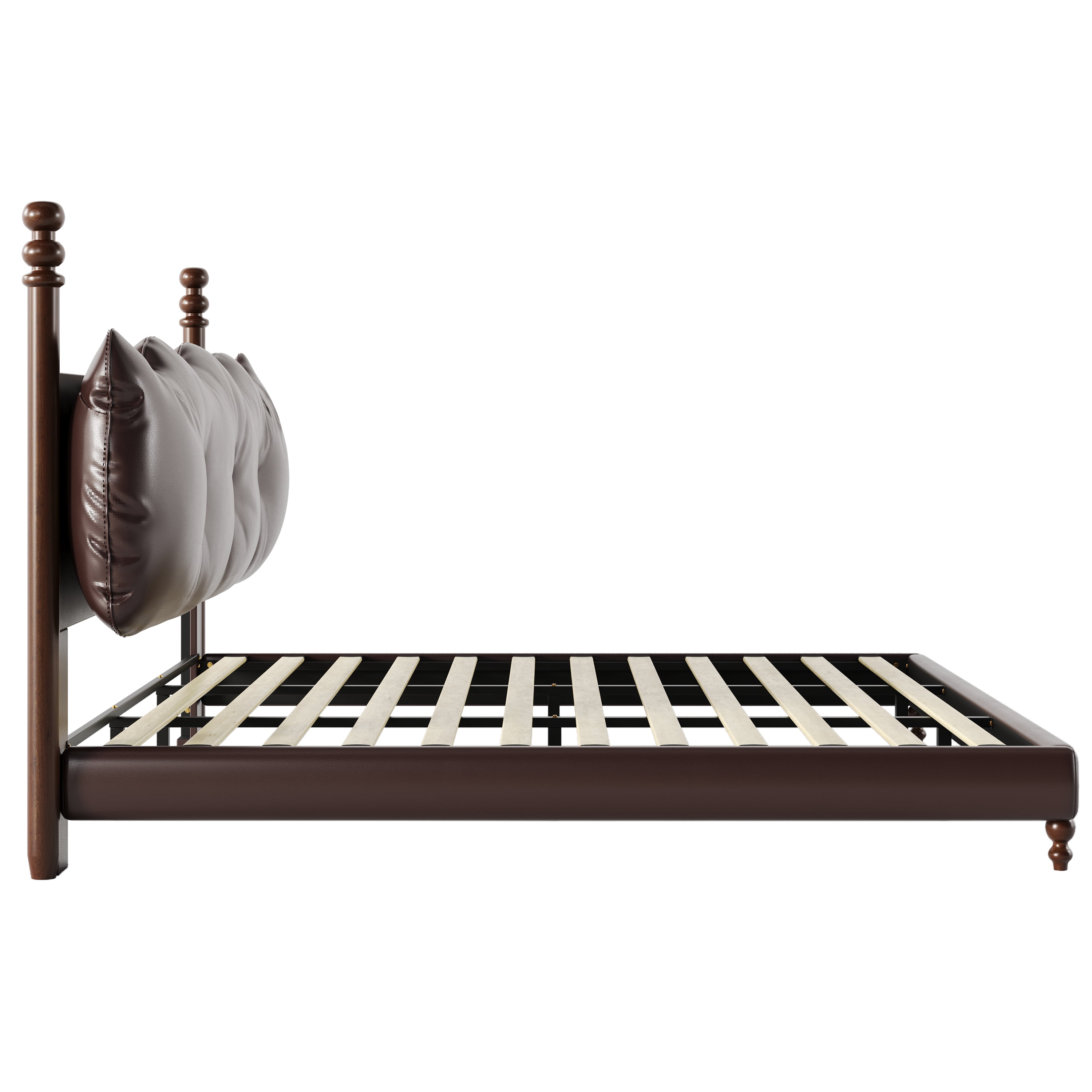 Noble House Lit Plateforme Grand Rembourré avec Tête de Lit, Cadre de Lit en Cuir PU avec Poteaux en Bois, Brun