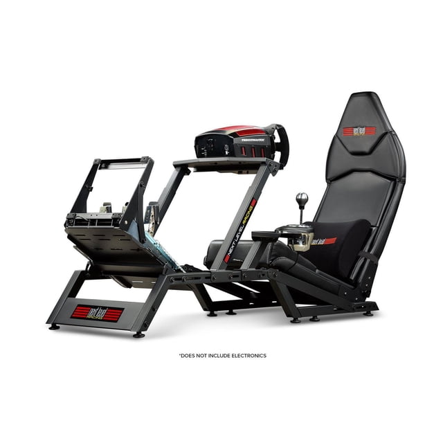 Next Level Racing® F-GT Formula and GT Simulator Cockpit in a 3/4 profile view with matte black laser-cut carbon steel frame, adjustable wheel, pedal, and gear shifter mounts, black racing seat with lumbar support cushion and Buttkicker® adaptor, designed for ergonomic support in authentic formula and GT racing positions.