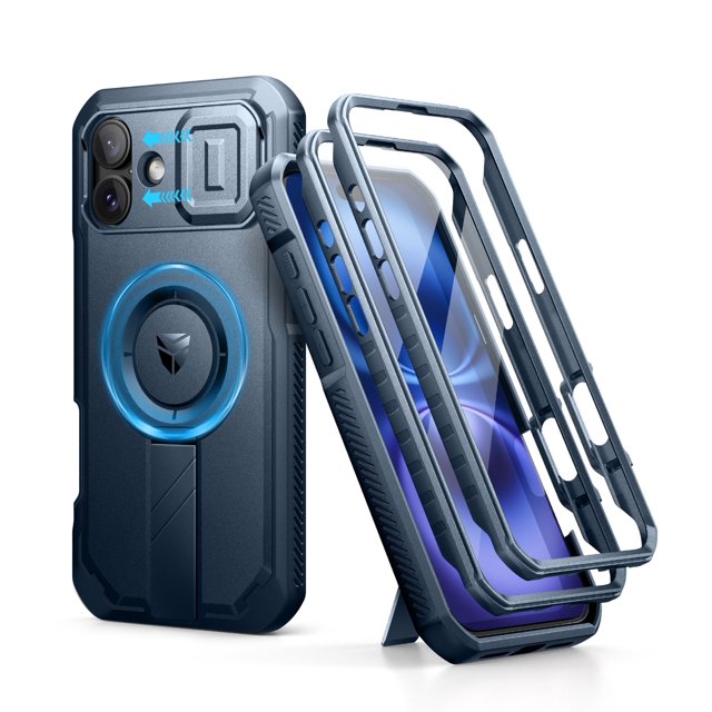 Dexnor for iPhone 16 Plus Case with Slide Camera Cover & Adjustable Kickstand & Built-in Screen Protector,Compatible with MagSafe Shockproof Bumper Cases Heavy-Duty Magnetic Protective Cover, Blue
