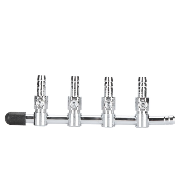 Fish Tank Air Pump Control Valve by Fyydes, featuring a 4-head stainless steel design. Each outlet's volume can be individually controlled using levers, allowing precise oxygen distribution for aquariums or fish tanks. The durable and easy-to-use valve is suitable for splitting air pump output to multiple ports, enhancing oxygen flow and supporting powerful air-driven equipment.
