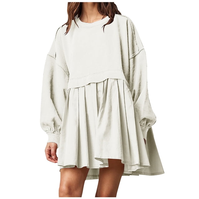 Pisexur Womens Oversized Sweatshirt Dress Crew Neck Long Sleeve Patchwork Fall Dress Pullover Tops Baggy Flowy Sweatshirt Mini Dress