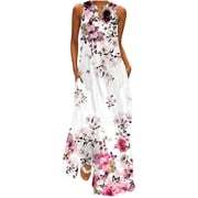Leutsin Women's Casual Long Dress With Striped Floral Print Sleeveless Maxi Dress