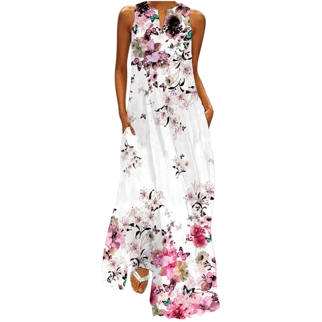 Leutsin Robe Longue Décontractée pour Femme avec Imprimé Rayé et Floral, Robe Maxi Sans Manches. Cette Robe d'Été Présente une Matière en polyester Léger avec un Motif Floral vibrant sur une base Blanche. le design Sans Manches et la Longueur Maxi Offrent une Coupe Aérée et Confortable, Idéale pour les occasions Décontractées. Présentée en Taille TG avec une Mesure de Buste de 106 cm (41,73 Pouces) et une Longueur de 138 cm (54,33 Pouces).