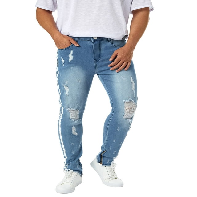 Men Slim Jeans Side Stripe Print Mid Waist Zip Ragged Button Straight Jeans Casual Pencil Trousers