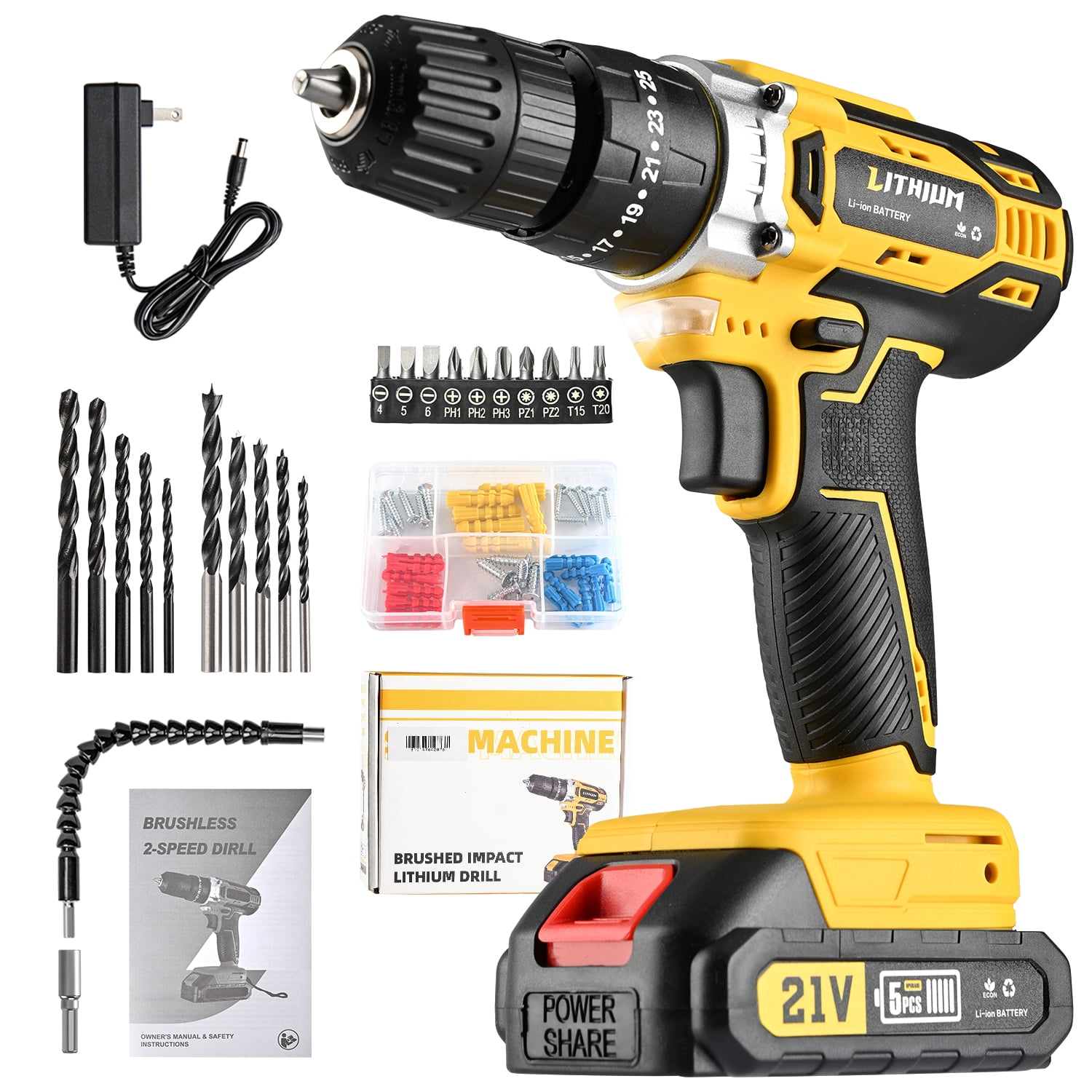 21V Cordless Drill Driver Set, Lightweight Electric Power Drill Kit with Battery & Charger LED Light, Compact Drill Tool forWall/Brick/Wood/Metal