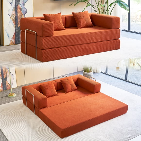 YINIX 81.6" Convertible Sofa Bed with 2 Pillows, Foldable Sofa Couch for Living Room and Small Spaces, Orange