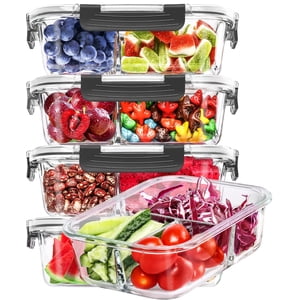 Skroam 5-Packs 36OZ Glass Airtight Food Storage Containers 3 Compartments, Meal Prep Container Set with Lids for Pantry Kitchen Organizers and Storage, BPA Free Glass Lunch Boxes Bento