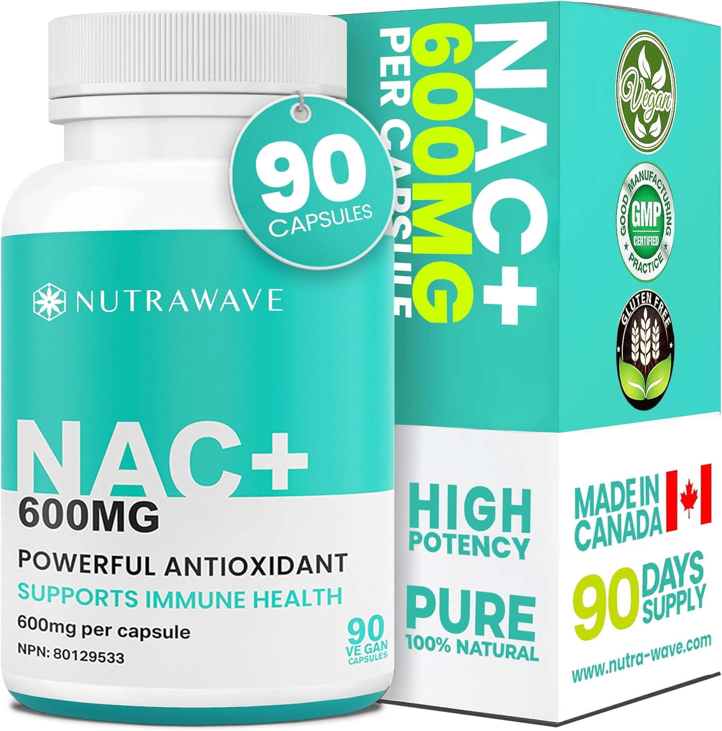 Nutrawave NAC 600 mg (N-Acétyl Cystéine) – Soutien Antioxydant pour le Foie, la Santé Respiratoire & Immunitaire, 90 Capsules Végétaliennes, Non-OGM, Sans Gluten