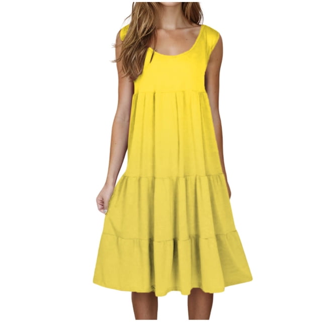 Robes de Vacances pour Femmes Liquidation Robes d'Été pour Femmes 2025 Robe Débardeur Sans Manches Robe de Plage pour Vacances Robe d'Été à Volants Robe Fluide Mini Robes Robes d'Été pour Femmes Nouveau Jaune 4TG