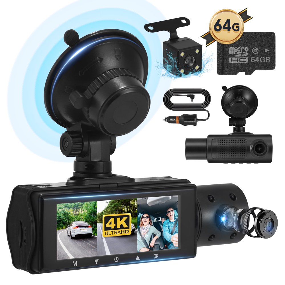 Dash Cam 3 Channel Dash Cam 4K 720P Dash Cam Front and Inside Dash Camera with 64GB Card Night Vision G-Sensor 24Hr Parking Triple Car Camera with IR Night Vision