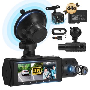 Dash Cam 3 Chaîne Dash Cam 4K 720P Caméra Dash Cam avant et intérieure avec 64GB Carte vision nocturne G-Sensor 24Hr Parking triple caméra de voiture avec IR Vision nocturne