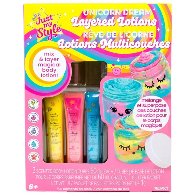 Just My Style Unicorn Dream Layered Lotions kit with three 60 ml scented body lotion tubes in vanilla, strawberry, and raspberry, featuring colorful rainbow packaging and smiling lotion jar illustrations with layered swirls and glitter, suitable for creative mixing and layering of magical body lotions for ages 6 and up.