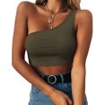 thumbnail image 1 of Débardeurs Courts Sans Manches pour Femmes Aguichant une Épaule T-Shirts Basiques (Vert Armée, P), 1 of 5