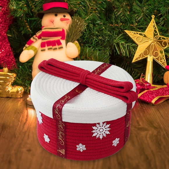 Dvkptbk Christmas Decoration Storage Basket with Lid Sprinkle Proof Gift Box Holiday Cotton Rope Woven Snacks Small Gift Storage Basket Christmas Decorations