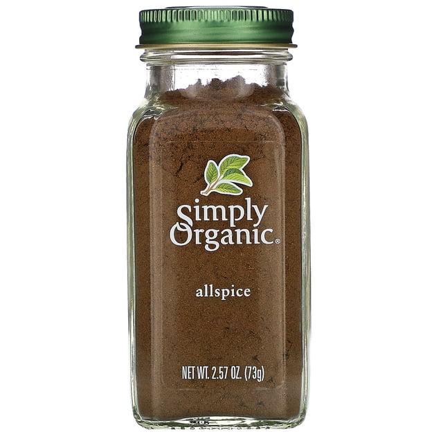 Simply Organic Allspice in a 2.57 oz (73 g) glass jar with a green metal lid. The jar features the Simply Organic logo with a green leaf design and the text 'allspice' below. Certified USDA Organic and Kosher, this single-ingredient spice is ideal for enhancing a variety of dishes.