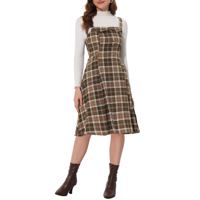 INSPIRE CHIC Robe à Bretelles pour Femme Rétro à Carreaux Col Carré Ligne A Midi Robe Salopette TP Brun