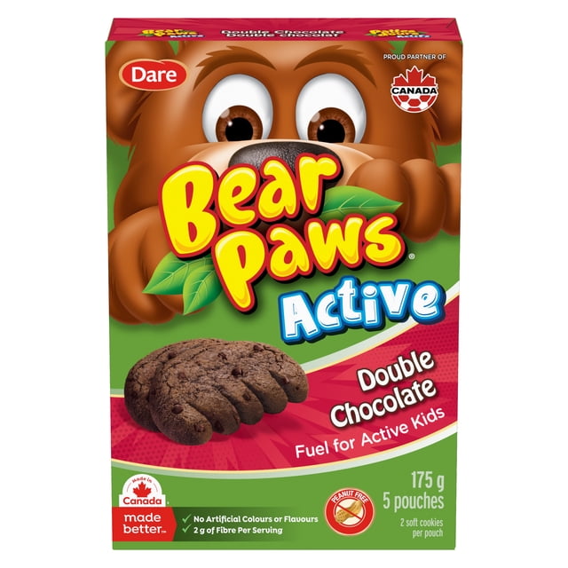 Bear Paws Active Double Chocolate 175g box showing a cartoon bear holding the product name on a green and red background, featuring a double chocolate bear paw-shaped cookie. The peanut-free snack contains no artificial colours or flavours and includes 5 pouches with 2 soft cookies each, suitable for active kids.