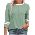 thumbnail image 1 of Olyvenn Chemises pour Femmes à Manches 3/4 Été à Blocs de Couleur Plissées Hauts Décontractés Amples Décontractés Col Ras du Cou Tenues Mode Vêtements Vert G, 1 of 5