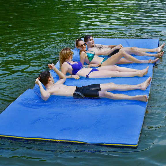 Gymax Tapis Flottant 12 Pieds x 6 Pieds pour l'Eau Île Flottante en Mousse à 3 Couches pour Piscine Lac Bleu