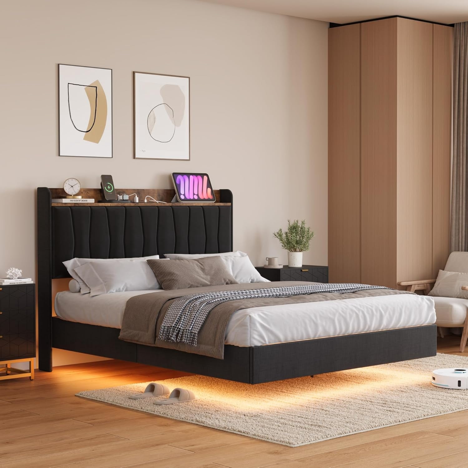 Bingirl Queen-Size Floating Bed Frame with LED Lights and Charging Station - Upholstered Platform Bed, Noise-Free, No Box Spring Needed - Black