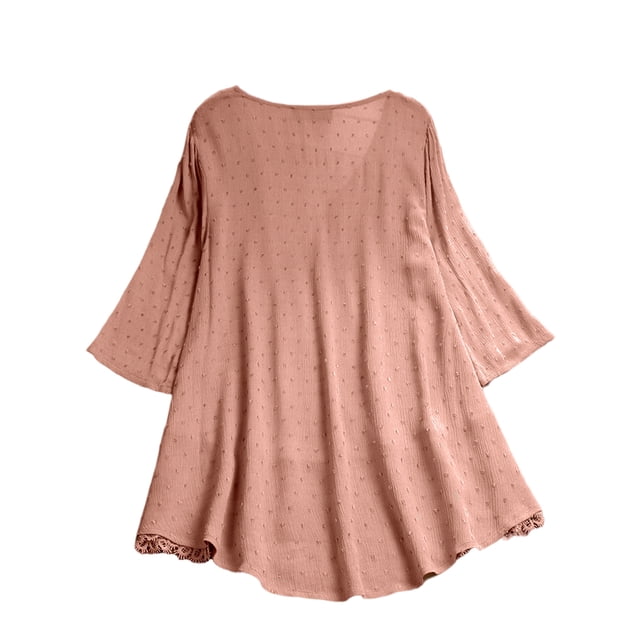 MAWCLOS Women Tops Lace Blouse Hollow Out Shirts Loose Work V Neck Tunic Shirt Pink L
