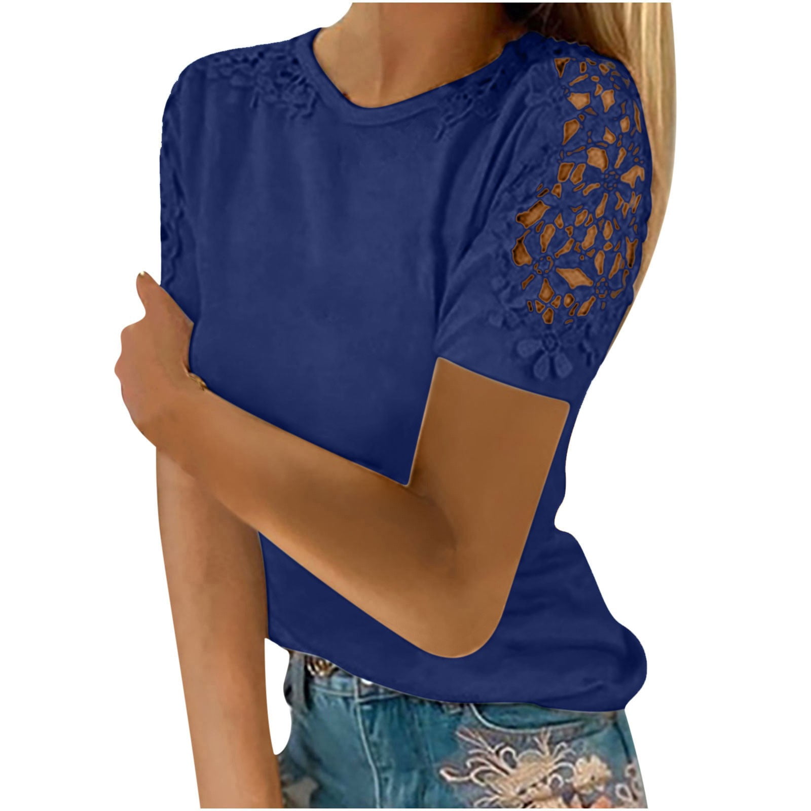 Women Ladies Solid Short Sleeve Round Neck Pullover Lace Tops Shirts Blouse
