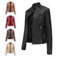 thumbnail image 3 of Drppepioner New,Women's Slim Leather Stand-Up Collar Zipper Stitching Solid Color Jacket Plus Size, 3 of 5