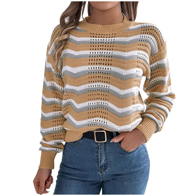 cfhntfmh Womens Long Sleeve Sweater Casual Crewneck Knit Shirt Tops Spring Fall Striped Color Block Crochet Sweaters