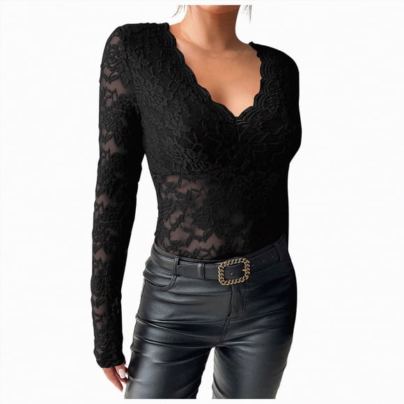 Splozh Long Sleeve Tunic Tops for Women Women's Floral Embroidery Eyelet Lace Crew Neck Long Sleeve Top Black,M