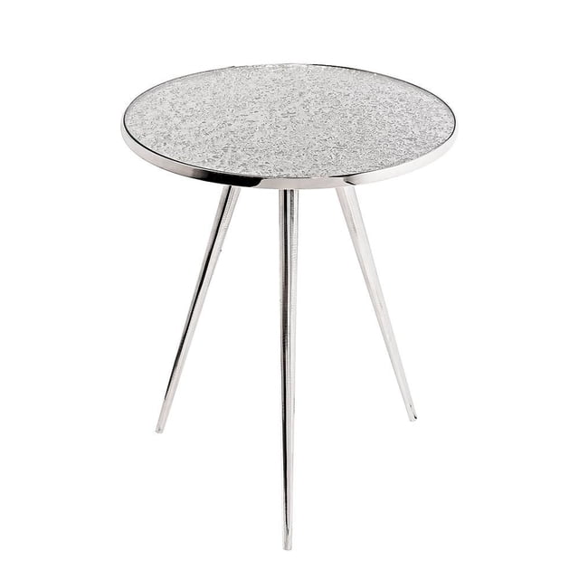 Home Gear End table Melted aluminum top with a round Lava Icing melted aluminum surface encased by a polished stainless steel ring and covered with fitted tempered glass, supported by three silver metal legs in a tripod design, suitable for use as a stylish living room accent table.
