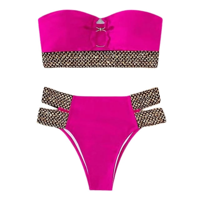 2Pcs/Set Ring Connection Off Shoulder Bikini Set Bandeau Bra High Waist Briefs Swimwear Beachwear
