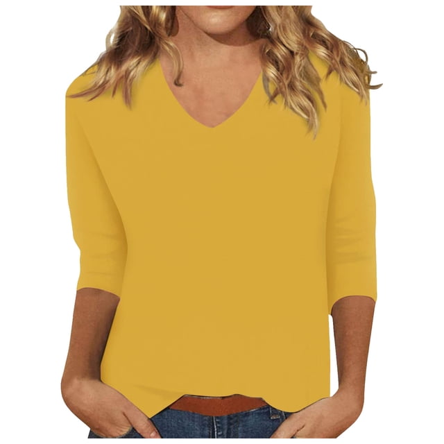 Womens Tops V Neck Solid Color Casual Summer Basic Top Long Sleeve Basic Oversized Tshirts for Women Yellow XL