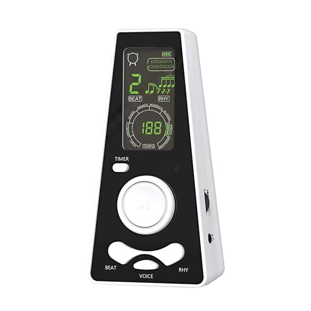 Arealer Electronic Digital Metronome with Timer featuring a black and white design, digital display, beat speed control (40-208/min), timer settings (15/30/45/60 min), and voice options. Compact and lightweight, powered by 3 AAA batteries or Type-C USB cable, ideal for instrument practice including guitar, piano, violin, drum, and more.