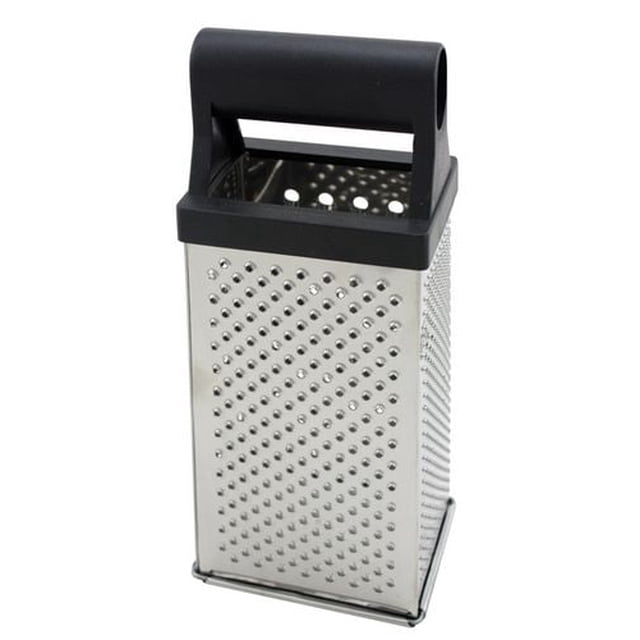 Mainstays 4 Side Grater kitchen utensil with black handle and stainless steel blades, featuring four grating surfaces: zester, fine grate, medium grate, and slicer, suitable for versatile food preparation in home kitchens.