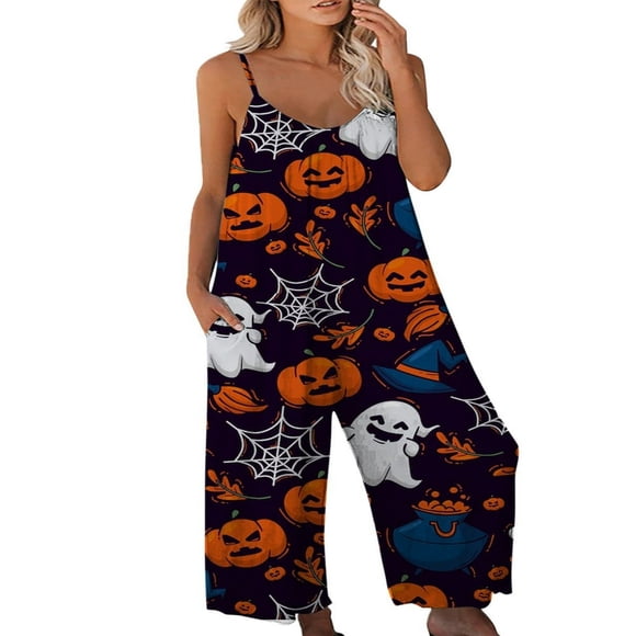 Halloween Womens Pumpkin Bat Print Overalls Loose Playsuit Loungewear Rompers Jumpsuit with Pockets