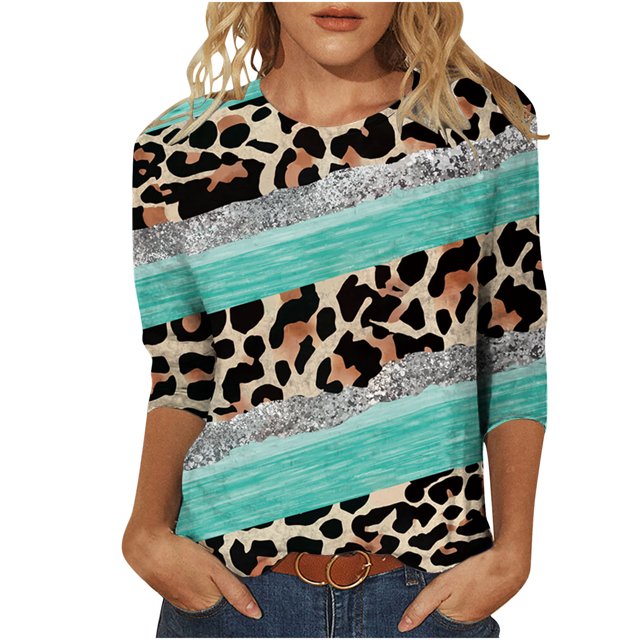 CEHVOM T-shirt Ample à Imprimé Léopard pour Femme, Manches 3/4, Col Rond, Haut Décontracté, Liquidation