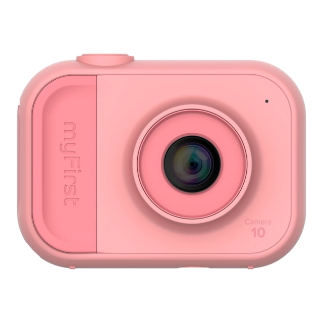 myFirst Camera 10 new kids digital mini camera in pink with a compact rectangular body, rounded edges, central lens, and embossed myFirst branding, designed for durability and easy grip, ideal for children aged 3 to 12