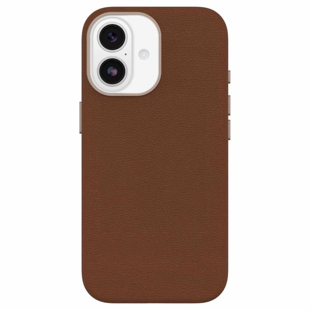 OtterBox Symmetry Cactus Leather MagSafe Case w/Camera Control Dessert Saddle (Brown) for iPhone 17 with brown cactus-based leather texture, metal side buttons, metal camera crown around dual lenses, and built-in MagSafe magnets, providing slim, durable drop protection and precise camera control.