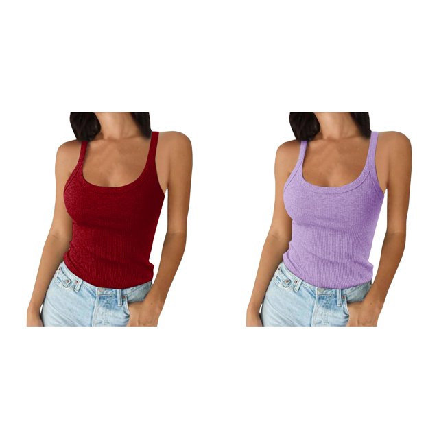 2 Pack(Purple 1PCS & Wine 1PCS) Multipack 4 Set Crop Top Women Spaghetti Strap Neck Ribbed Tank Tops Slim Fitted Camisole Basic Sleeveless Layering Shirts