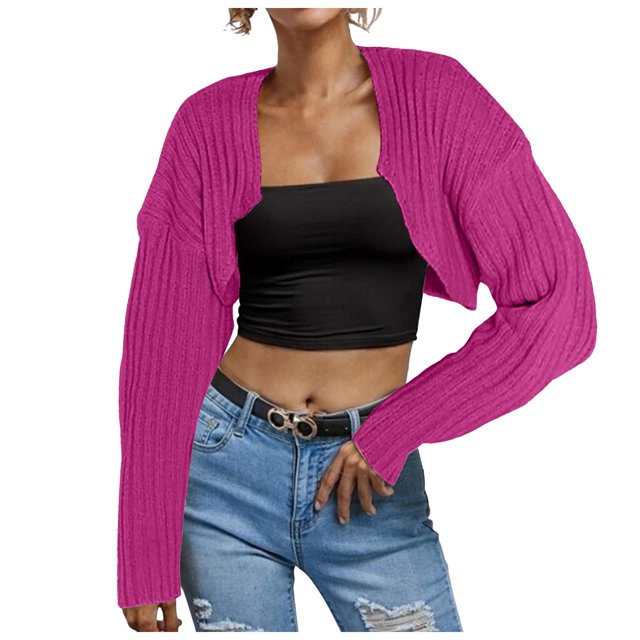 Women's Ribbed Knit Crop Cardigan Long Sleeve Open Front Loose Fit Drop Shoulder Lightweight Comfortable Sweater Top