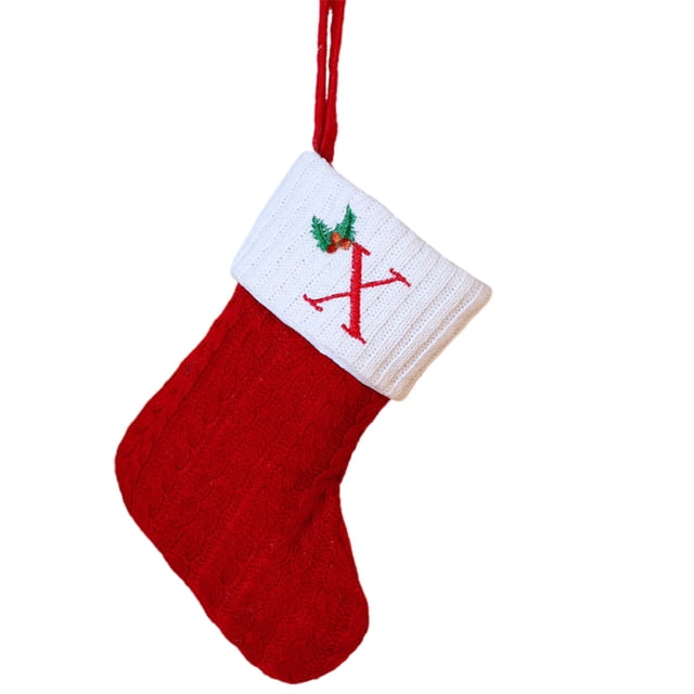 Christmas Tree Decorative Socks With Embroidered Initial Letters Red Green White Knit Stockings