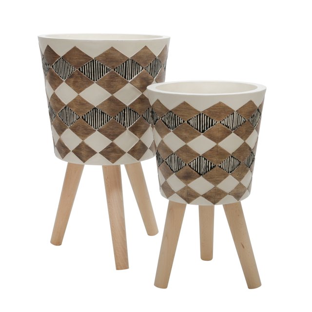 S/2 10/12" DIAMOND PLANTER W/ WOOD LEGS, BROWN