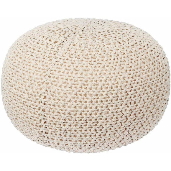 Pouf Ottoman Rond, Pouf de Sol Moderne en Tricot Repose-Pieds Rond, Siège Pouf Confortable en Coton, 17,7 Pouces Dia x 11,8 Pouces de Haut, Beige