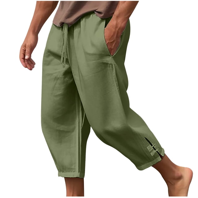 FAIWAD Men's Linen Capri Pants Elastic Waist Lightweight Straight Pants Loose Drawstring Casual Trousers